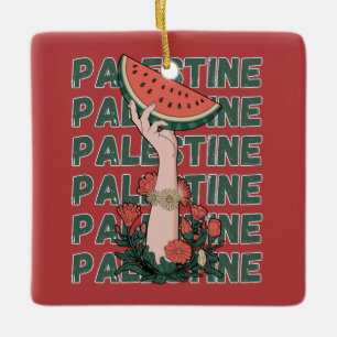 watermelon, flowers, and palestine text Repeat Ceramic Ornament