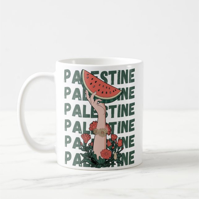 watermelon, flowers, and  palestine text Repeat  Coffee Mug (Left)