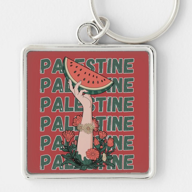 watermelon, flowers, and  palestine text Repeat  Keychain (Front)