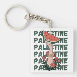 watermelon, flowers, and  palestine text Repeat  Keychain