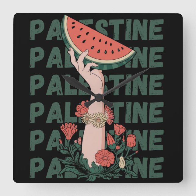 watermelon, flowers, and  palestine text Repeat  Square Wall Clock (Front)