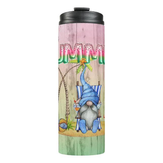 Watermelon Foil Balloons And Beach Gnome With Palm Thermal Tumbler (Front)