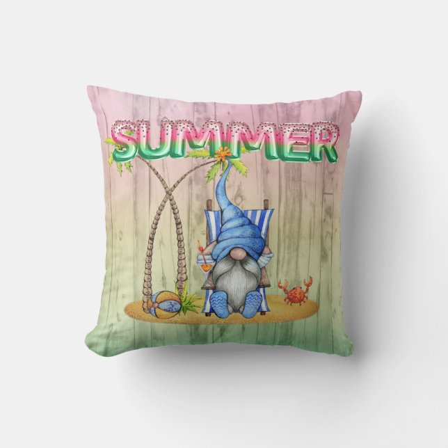 Watermelon Foil Balloons And Beach Gnome With Palm Throw Pillow (Front)
