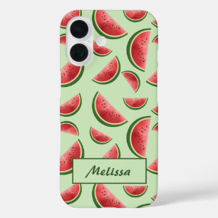 Watermelon Fruit Pattern On Green With Custom Name iPhone 16 Case