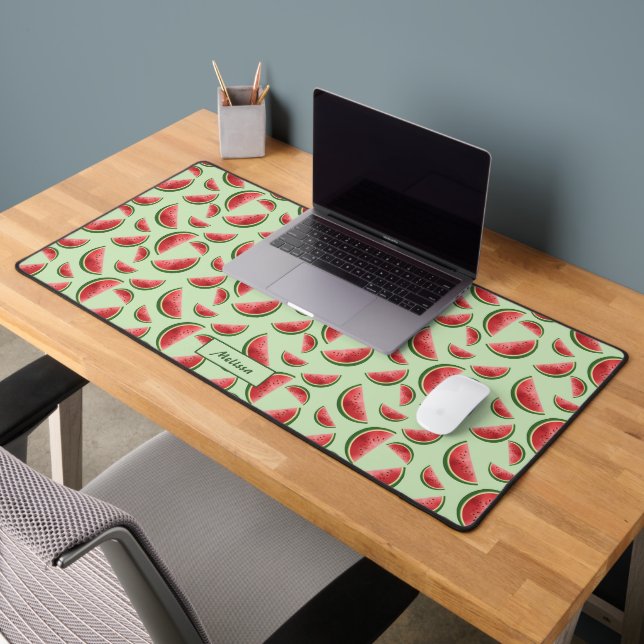 Watermelon Fruit Pattern On Green With Custom Name Desk Mat (Office 2)