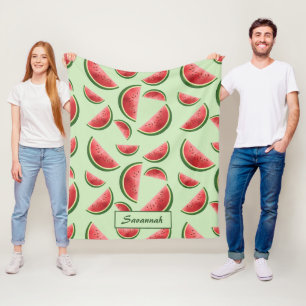 Watermelon Fruit Pattern On Green With Custom Name Fleece Blanket