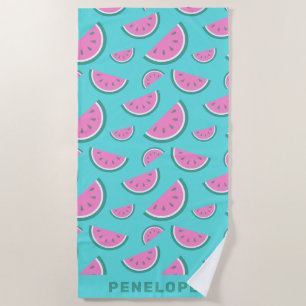 Watermelon Fruit Pattern Turquoise Personalized Beach Towel
