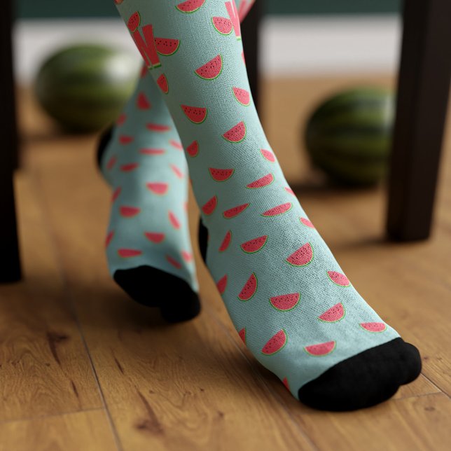 Watermelon Fruit Slices Pattern Teal Summer Socks (Watermelon is the official fruit of the summer.  🍉Add your initial to these fun watermelon socks)