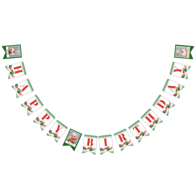 Watermelon Green Glitter Custom 3 Photo Birthday Bunting Flags (All)