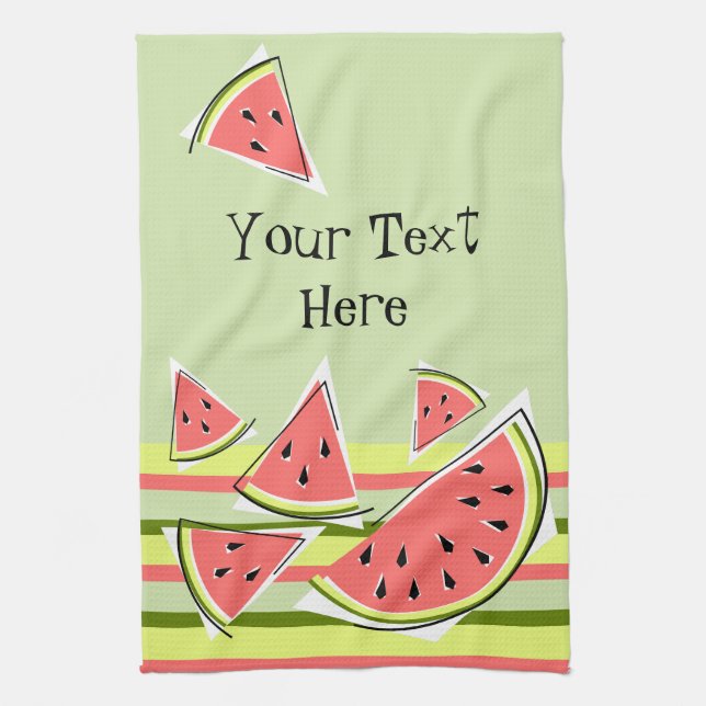 Watermelon Green Pieces Stripe Text kitchen towel (Vertical)