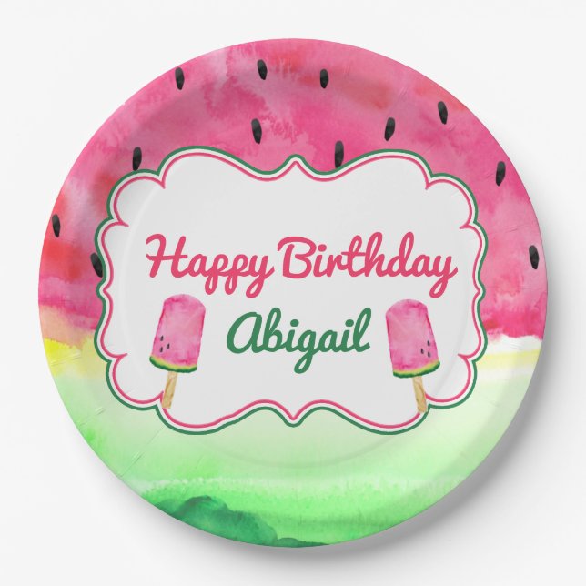 Watermelon Happy Birthday Plate Custom Name (Front)