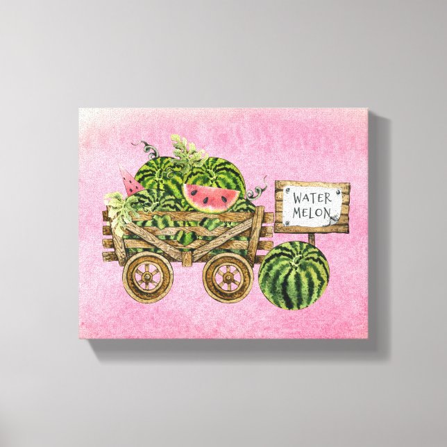 Watermelon Harvest Farmhouse Watercolor Wood Cart  Canvas Print (Front)