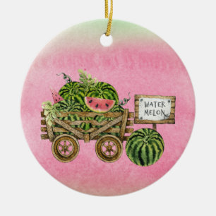 Watermelon Harvest Farmhouse Watercolor Wood Cart Ceramic Ornament