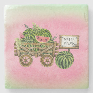 Watermelon Harvest Farmhouse Watercolor Wood Cart Stone Coaster