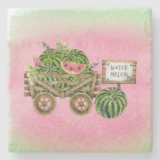 Watermelon Harvest Farmhouse Watercolor Wood Cart  Stone Coaster