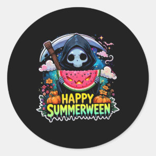 Watermelon Jack-o-lantern Happy Summerween Skeleto Classic Round Sticker
