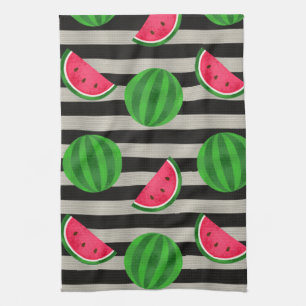 Watermelon Modern Black & White Stripes Kitchen Towel
