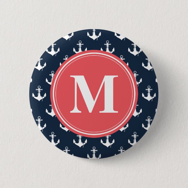 Watermelon Monogrammed Navy Blue Anchor Pattern 2 Inch Round Button (Front)