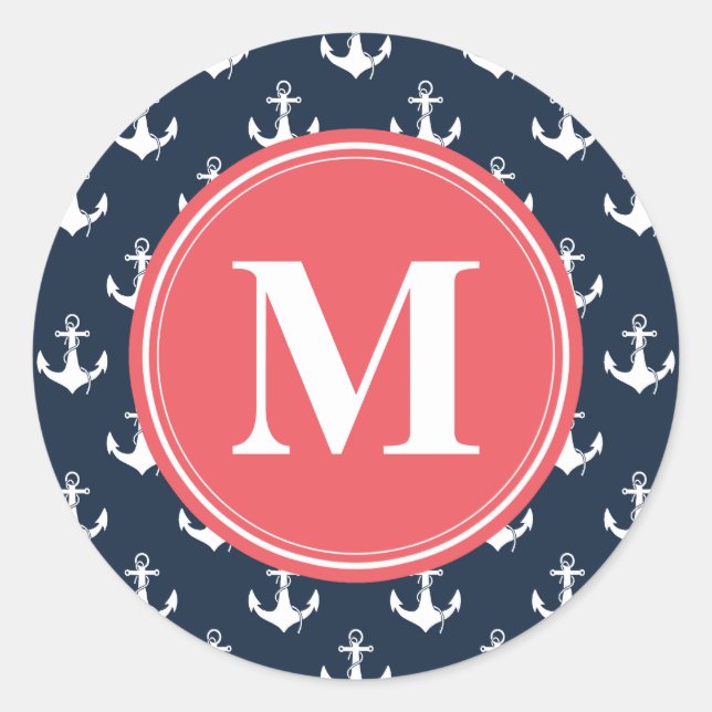 Watermelon Monogrammed Navy Blue Anchor Pattern Classic Round Sticker (Front)
