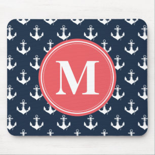 Watermelon Monogrammed Navy Blue Anchor Pattern Mouse Pad
