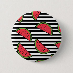 Watermelon on Black & White Stripes Pattern 2 Inch Round Button