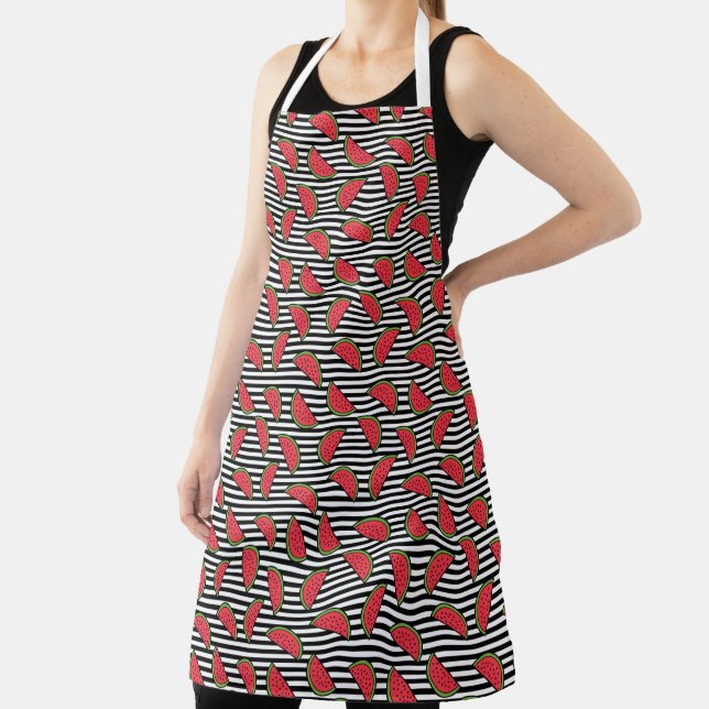 Watermelon on Black & White Stripes Pattern Apron (Insitu)