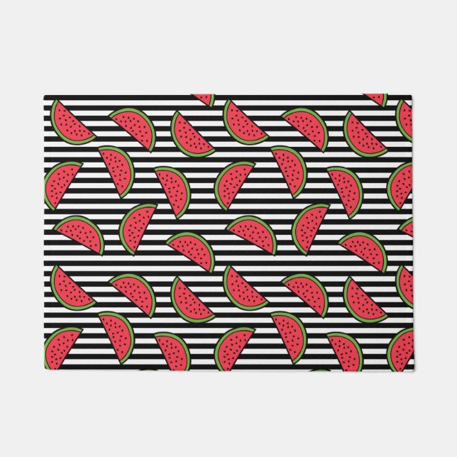 Watermelon on Black & White Stripes Pattern Doormat (Front)