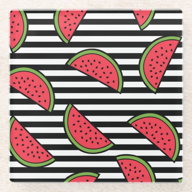 Watermelon on Black & White Stripes Pattern Glass Coaster (Front)