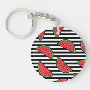 Watermelon on Black & White Stripes Pattern Keychain