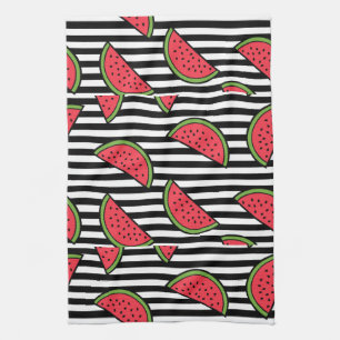 Watermelon on Black & White Stripes Pattern Kitchen Towel