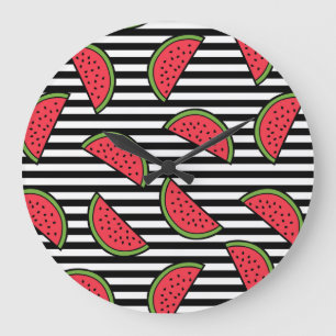 Watermelon on Black & White Stripes Pattern Large Clock