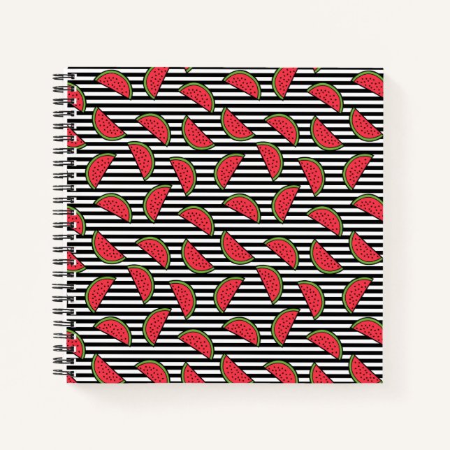 Watermelon on Black & White Stripes Pattern Notebook (Front)