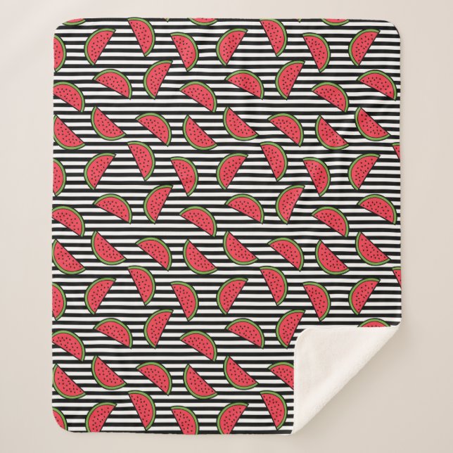Watermelon on Black & White Stripes Pattern Sherpa Blanket (Front)