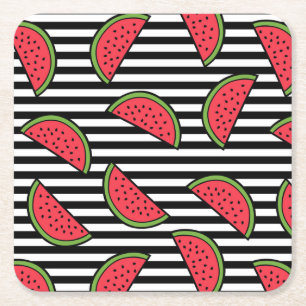 Watermelon on Black & White Stripes Pattern Square Paper Coaster