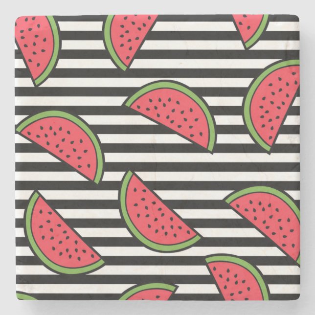 Watermelon on Black & White Stripes Pattern Stone Coaster (Front)