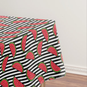 Watermelon on Black & White Stripes Pattern Tablecloth