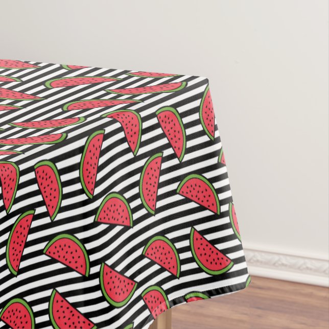 Watermelon on Black & White Stripes Pattern Tablecloth (In Situ)
