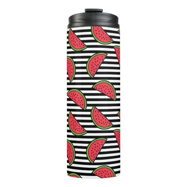 Watermelon on Black & White Stripes Pattern Thermal Tumbler (Front)
