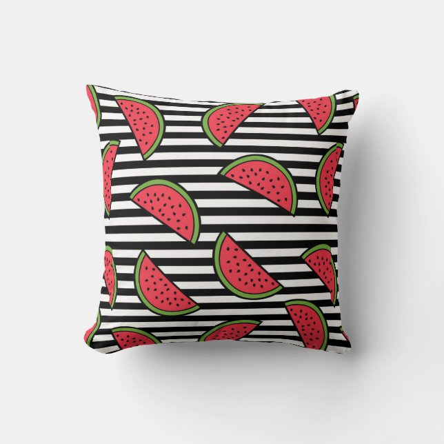 Watermelon on Black & White Stripes Pattern Throw Pillow (Front)