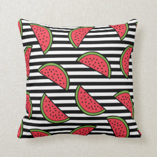 Watermelon on Black & White Stripes Pattern Throw Pillow