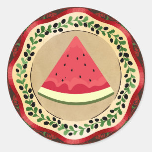 watermelon on olive plate with Palestinian tatreez Classic Round Sticker