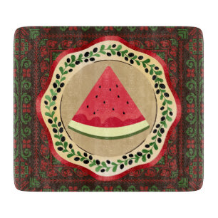 watermelon on olive plate with Palestinian tatreez Cutting Board