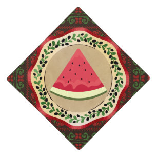 watermelon on olive plate with Palestinian tatreez Graduation Cap Topper