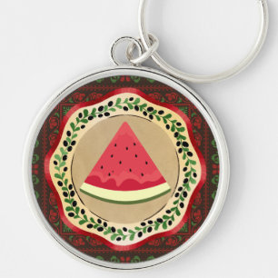 watermelon on olive plate with Palestinian tatreez Keychain