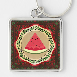 watermelon on olive plate with Palestinian tatreez Keychain