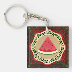 watermelon on olive plate with Palestinian tatreez Keychain
