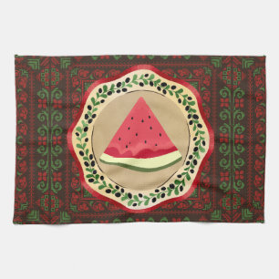 watermelon on olive plate with Palestinian tatreez Kitchen Towel