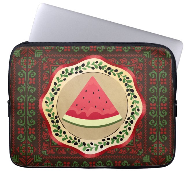 watermelon on olive plate with Palestinian tatreez Laptop Sleeve (Front)