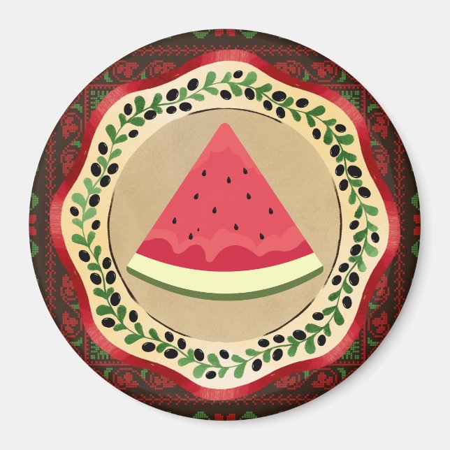 watermelon on olive plate with Palestinian tatreez Magnet (Front)