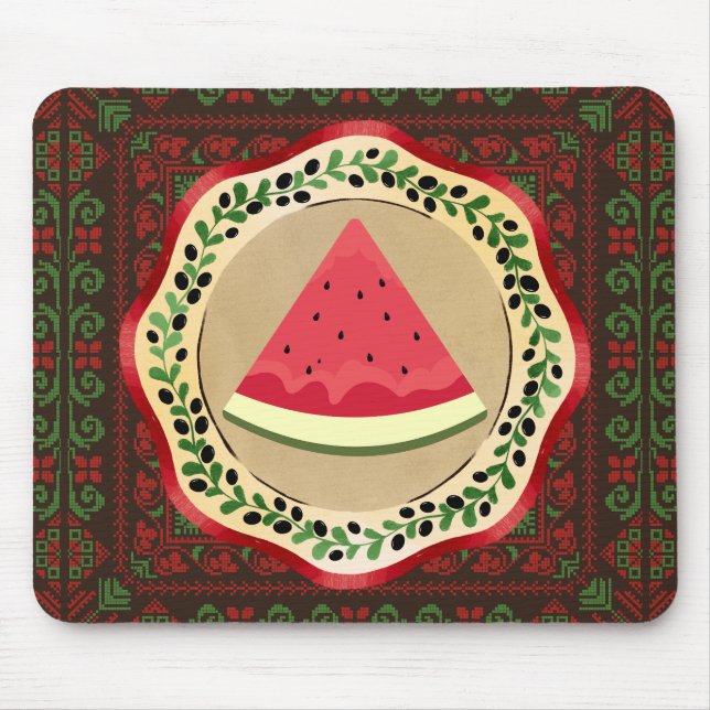 watermelon on olive plate with Palestinian tatreez Mouse Pad (Front)